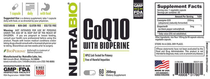 NutraBio CoQ10 with Bioperine (200mg) 60 V-Caps-