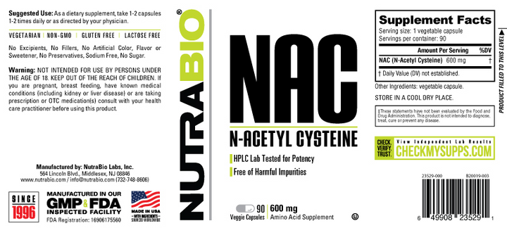 NutraBio - NAC N-Acetyl Cysteine - 90 Veggie Capsules-