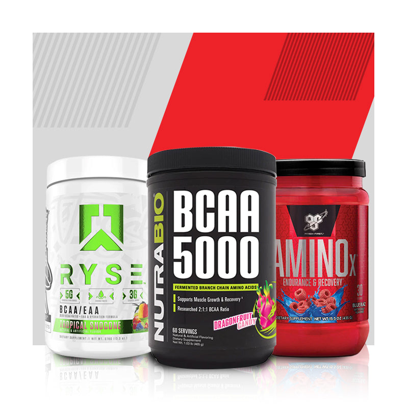 Three products of amino acids supplements on a gray and red background with stripes