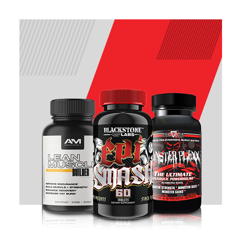Three products of muscle builders capsules on a red and gray background with stripes