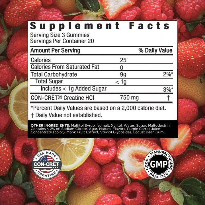 Con-Cret - Creatine HCL Gummies - 60 Gummies Berry Zing (Strawberry Lemonade)
