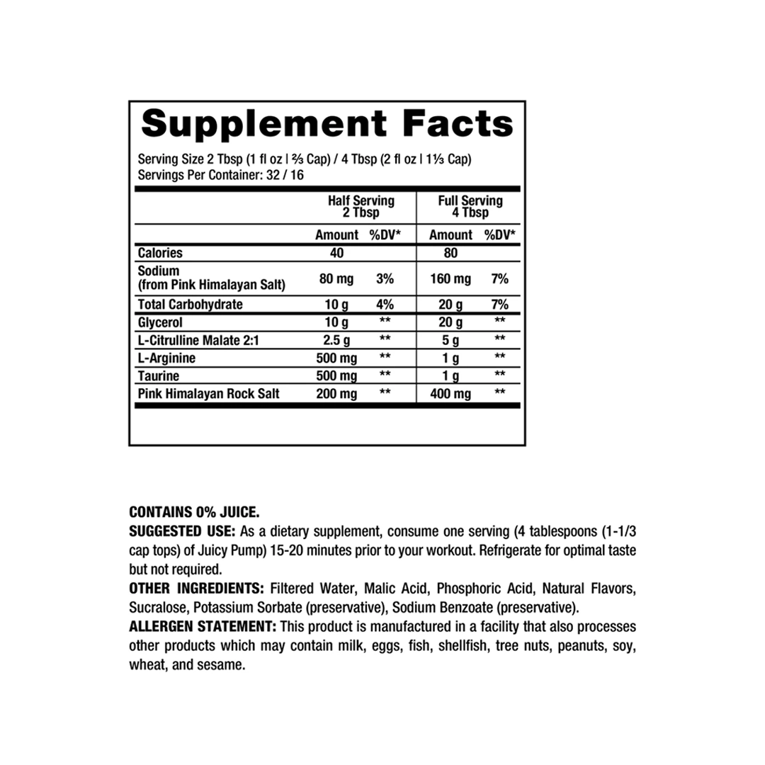 Supplement facts for Dragon Pharma Juicy Pump, Mangonada, 32 Servings