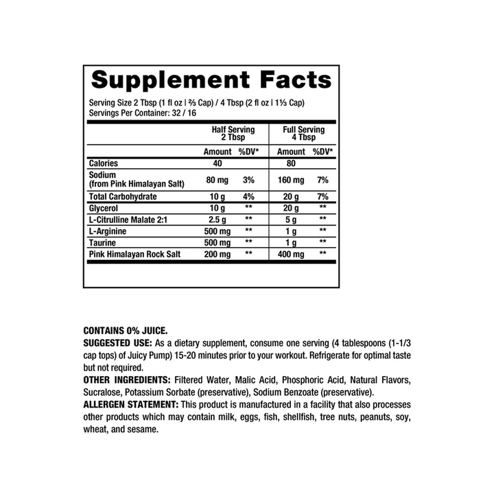 Supplement facts for Dragon Pharma Juicy Pump, Mangonada, 32 Servings