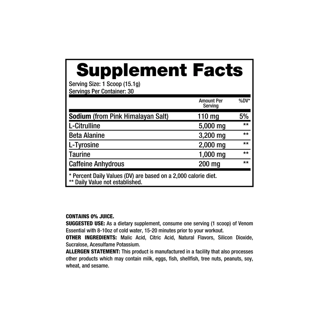 Supplement facts for Dragon Pharma Venom Essential, Jacked Grape, 30 Servings