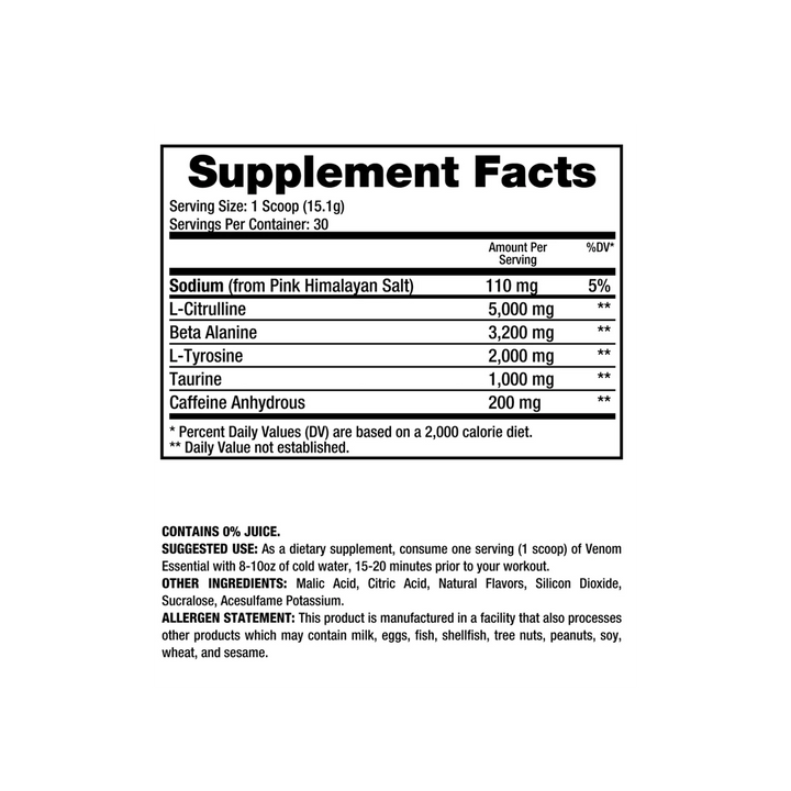 Supplement facts for Dragon Pharma Venom Essential, Jacked Grape, 30 Servings