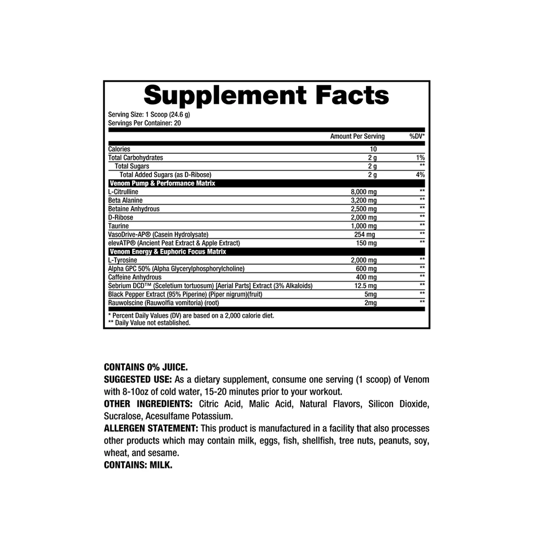 Supplement facts for Dragon Pharma Venom