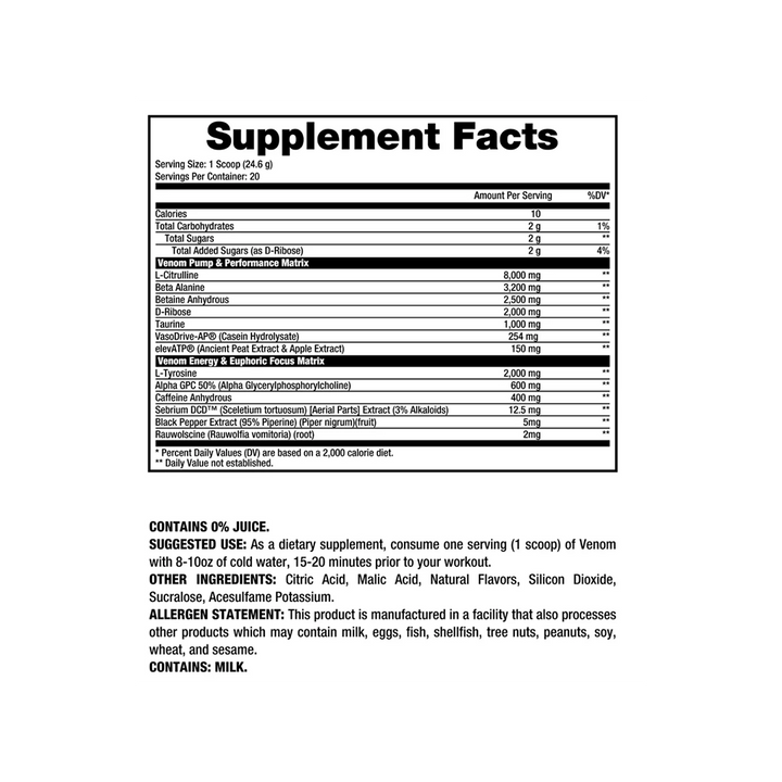 Supplement facts for Dragon Pharma Venom