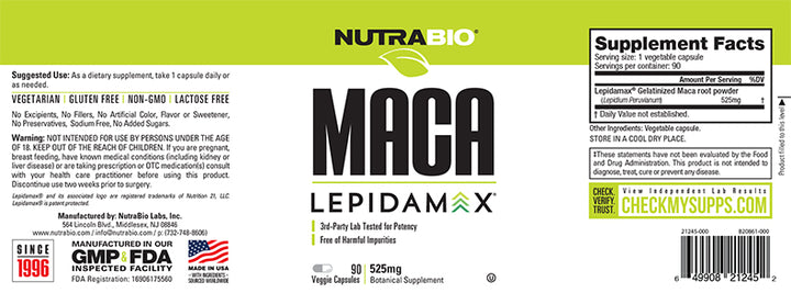 NutraBio - MACA LEPIDAMAX (525mg) - 90 Vegetable Capsules