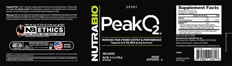 NutraBio - PEAKO2 - 60 Servings (120g) Unflavored