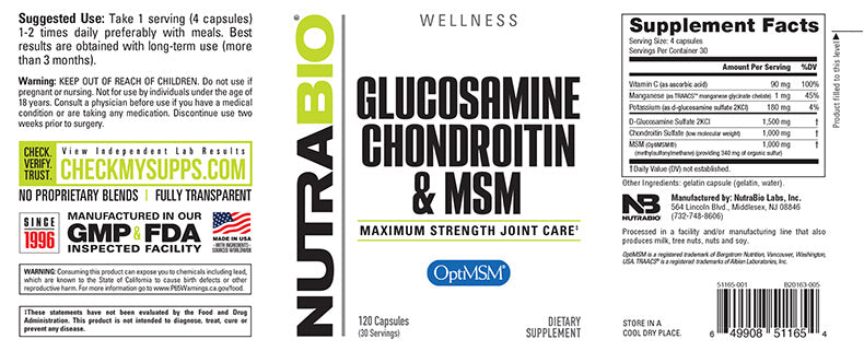 NutraBio - GLUCOSAMINE CHONDROITIN & MSM - 120 Capsules