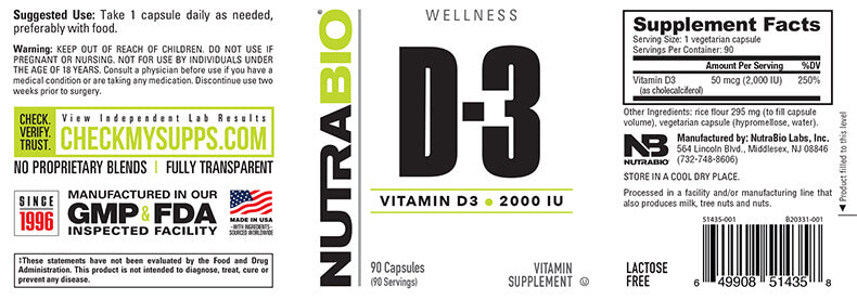 NutraBio - VITAMIN D3 (2000iu) - 90 Capsules