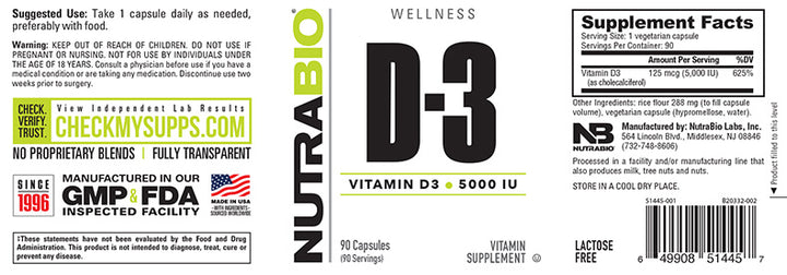 NutraBio - VITAMIN D3 (5000iu) - 90 Capsules
