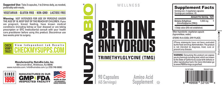 NutraBio - BETAINE ANHYDROUS (TMG) - 90 Capsules