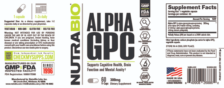 NutraBio - ALPHA GPC (300mg) 60 Vegetable Capsules-