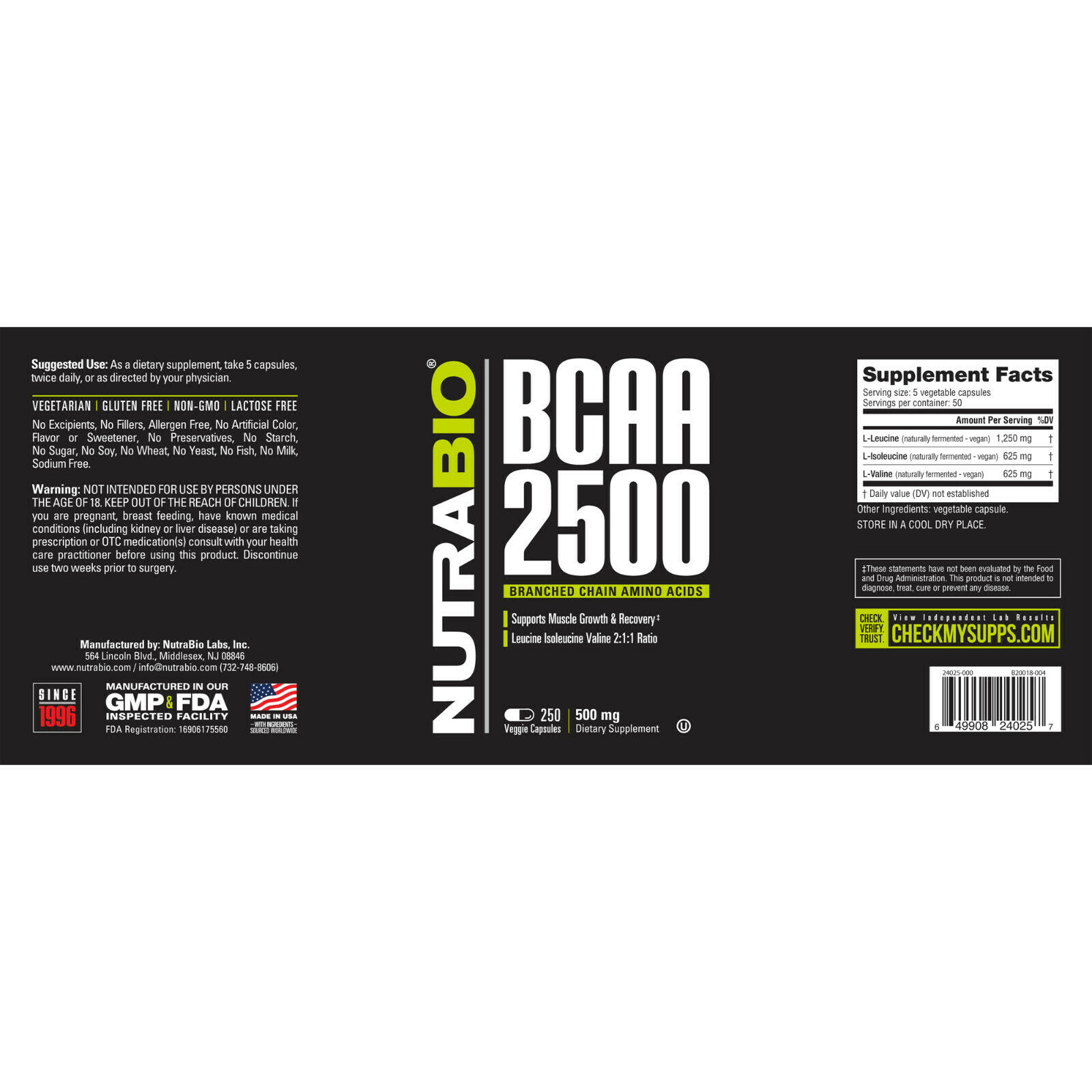 NutraBio BCAA 2500 (500mg) 250 Veggie Capsules-