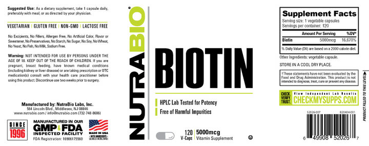 NutraBio BIOTIN (500mcg) 120 Vegetable Capsules-