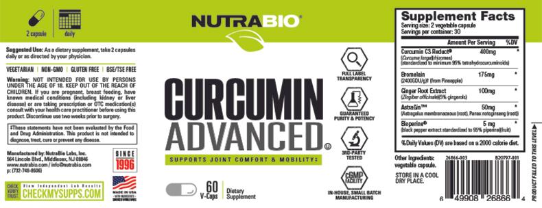 NutraBio - CURCUMIN ADVANCED - 60 Vegetable Capsules-