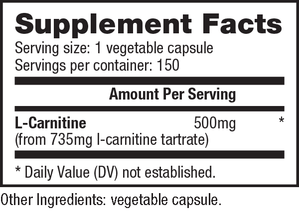 NutraBio L-CARNITINE (500mg) 150 Vegetable Capsules-