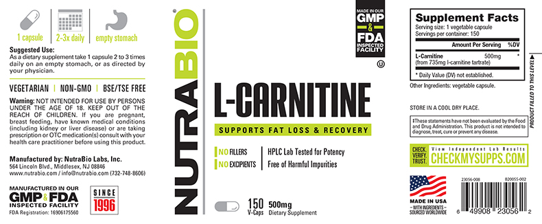 NutraBio L-CARNITINE (500mg) 150 Vegetable Capsules-