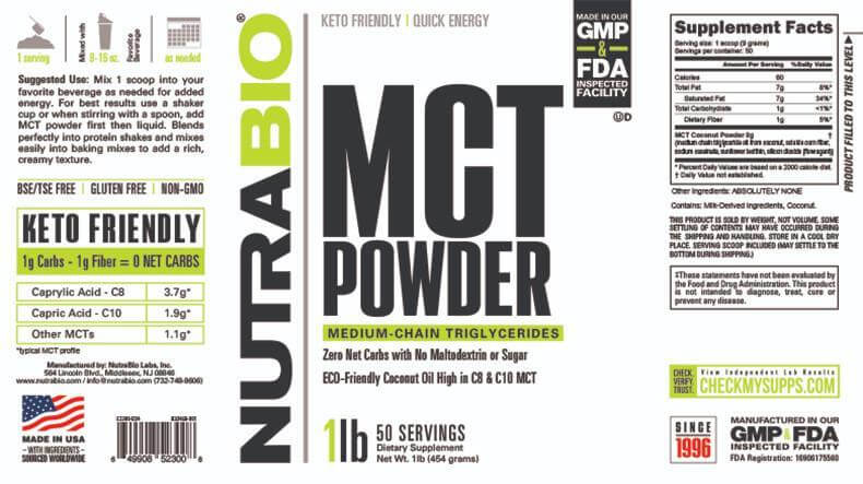 NutraBio MCT POWDER 50 Servings (1lb) Unflavored-