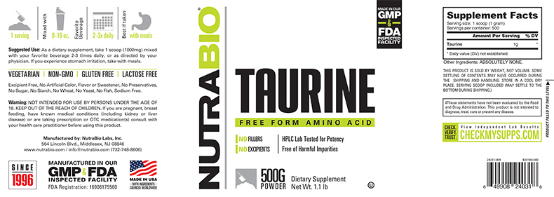 NutraBio TAURINE Powder 500g Unflavored-