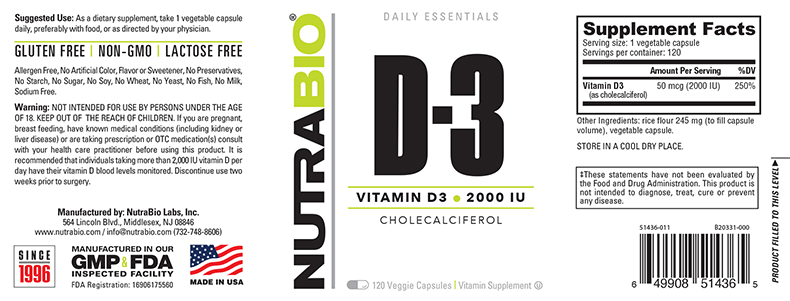 NutraBio - VITAMIN D3 (2000iu) 120 Vegetable Capsules-
