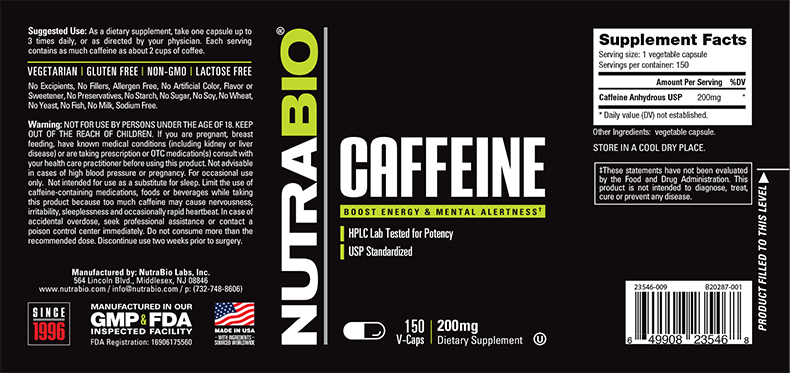 NutraBio CAFFEINE (200mg) 150 Vegetable Capsules