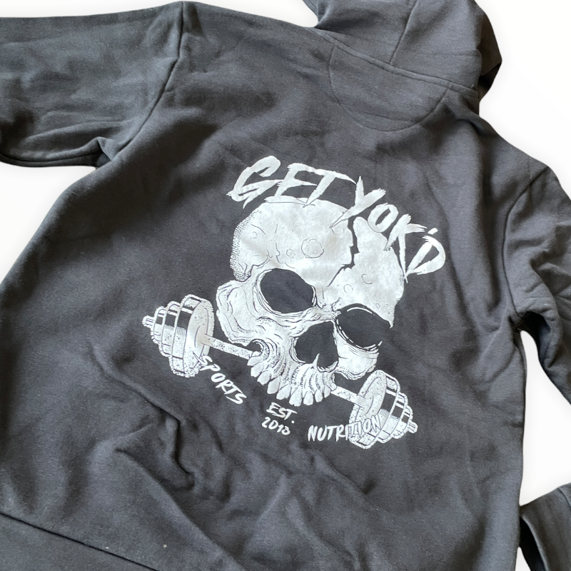 Close up of back design for get yokd nutritions skull bite hooded sweatshirt